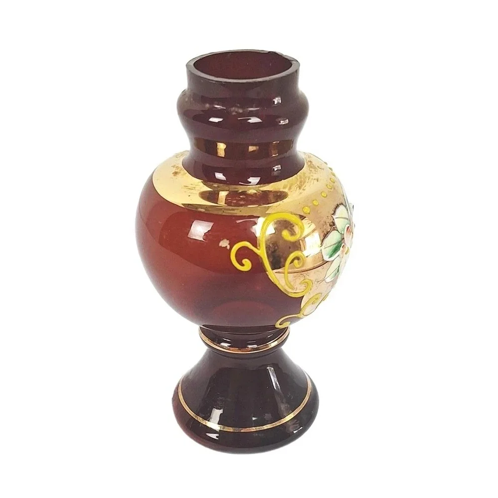 Dabbs Ruby Red Glass Lamp‎ Base ONLY, Hand Painted Enamel Kerosene Oil Lamp Part